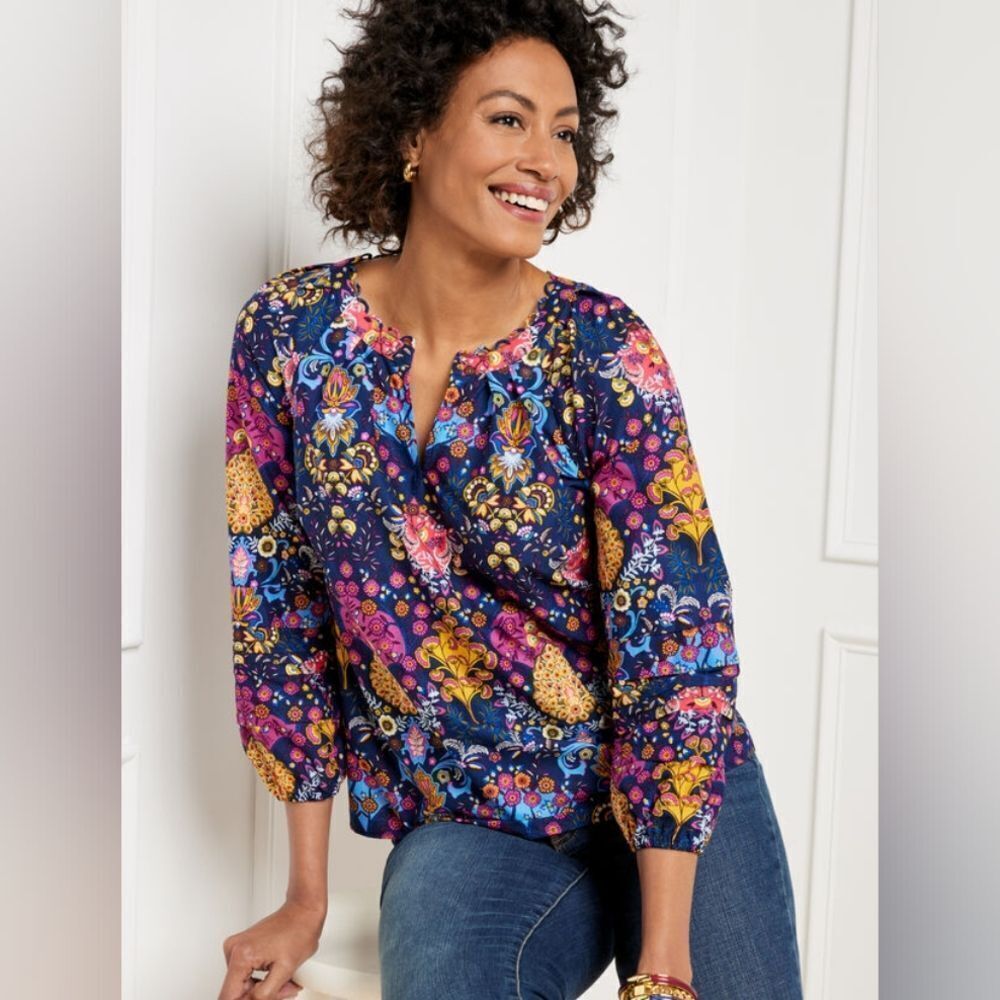Talbots Plus Pleated Sleeve Poplin Blouse Top Multicolor Floral Medallion Print